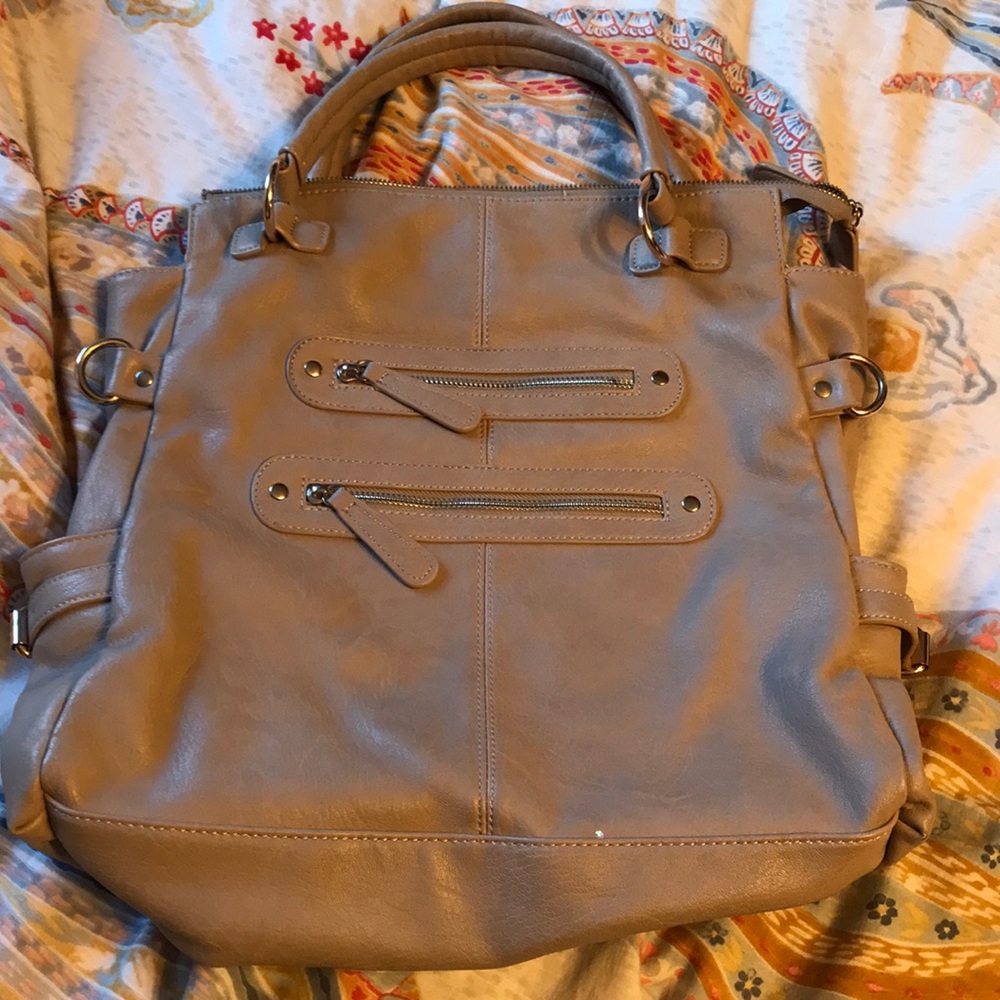 Taupe buckle top handle satchel bag